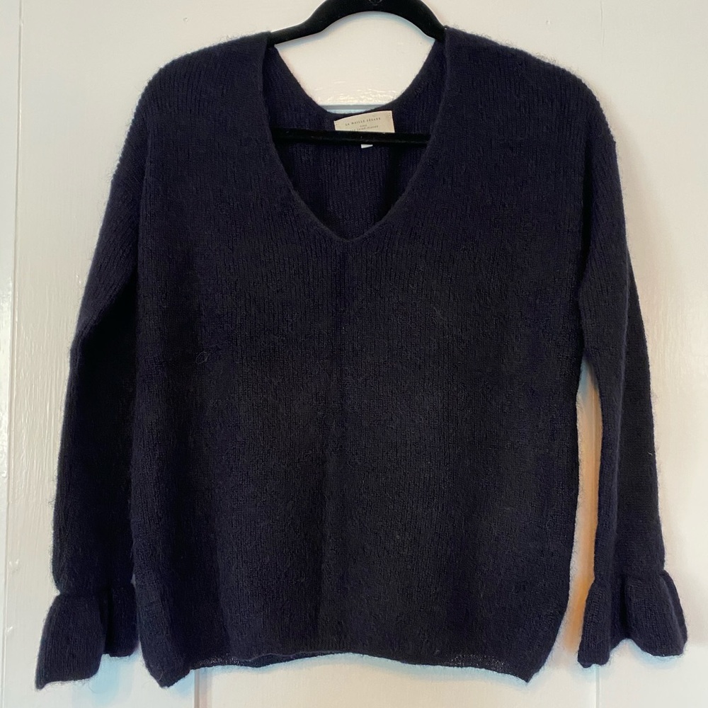 Sezane Navy Flutter Sleeve Sweater